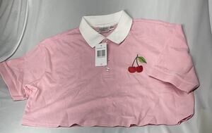 Half shirt women’s L Pink Polo Shirt White Collar Embroidered Cherry Button